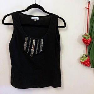 Calvin Klein L Black Scoop Neck Linen/Cotton Tank Top with Silver Studs, Beads